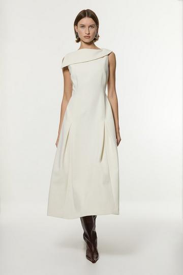 Compact Stretch Asymmetric Neck Tailored Full Skirted Dress ivory