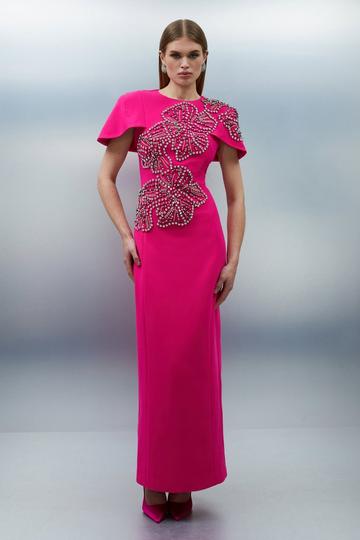 Petite Placed Floral Crystal Embellished Tailored Cape Maxi Dress hot pink