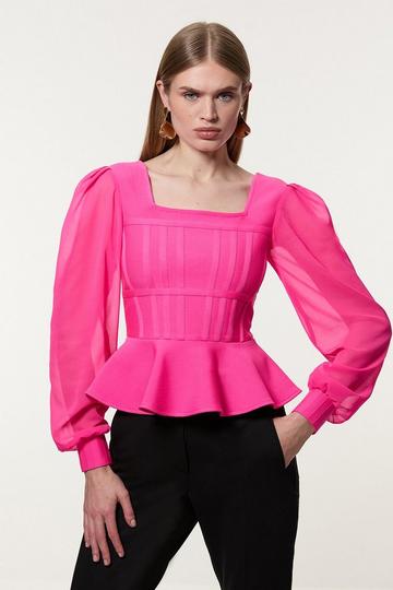 Pink Figure Form Bandage Knit Frill Edge Top