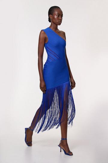 Cobalt Blue Figure Form Bandage Knit Tassel Sheer Dress