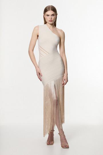 Figure Form Bandage Knit Tassel Sheer Dress neutral