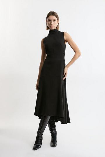 Black Compact Stretch Essential High Low Midi Dress