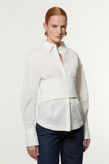 White Topstitch Waist Tie Woven Cotton Shirt