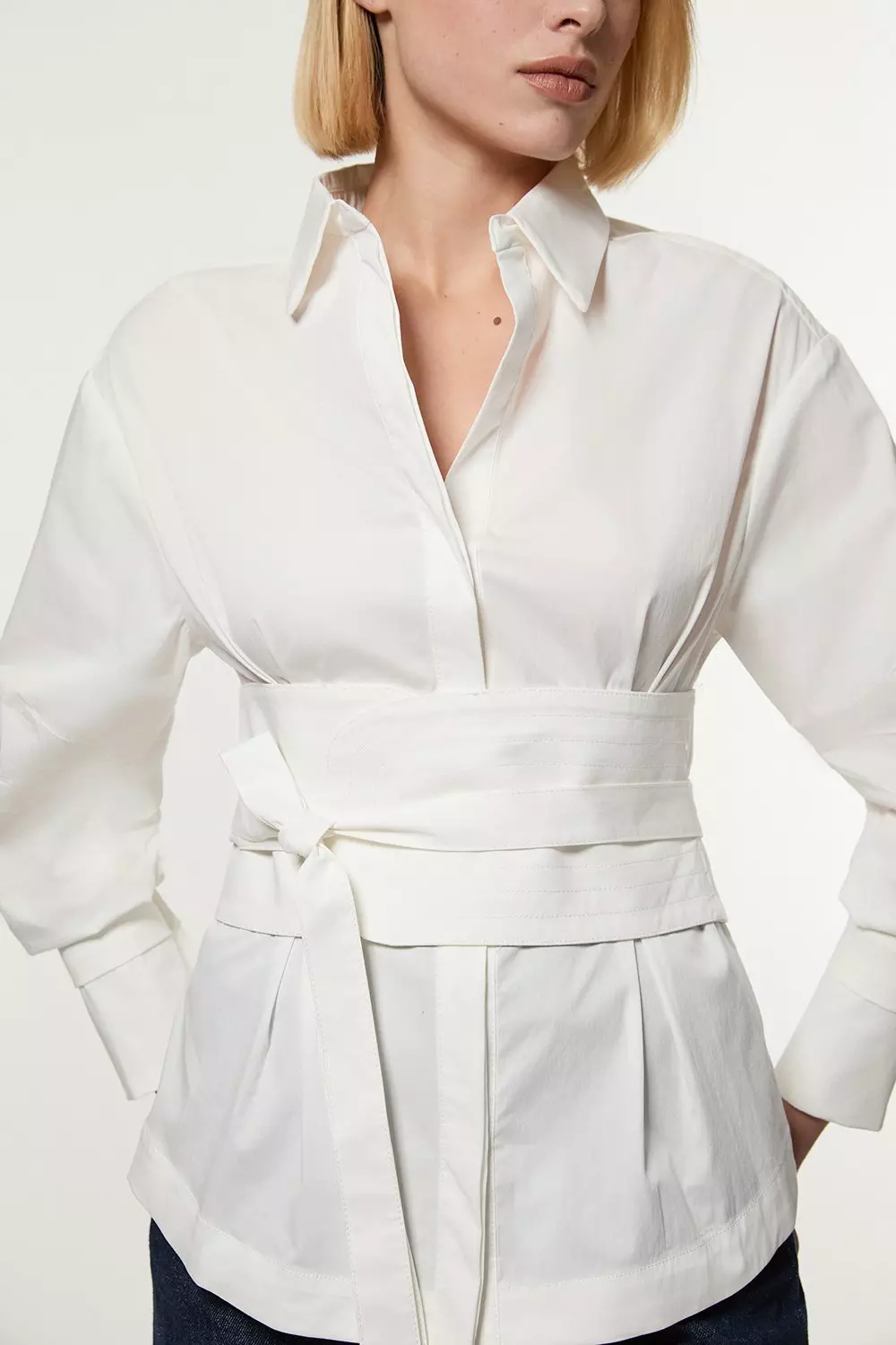 White Topstitch Waist Tie Woven Cotton Shirt alternative image