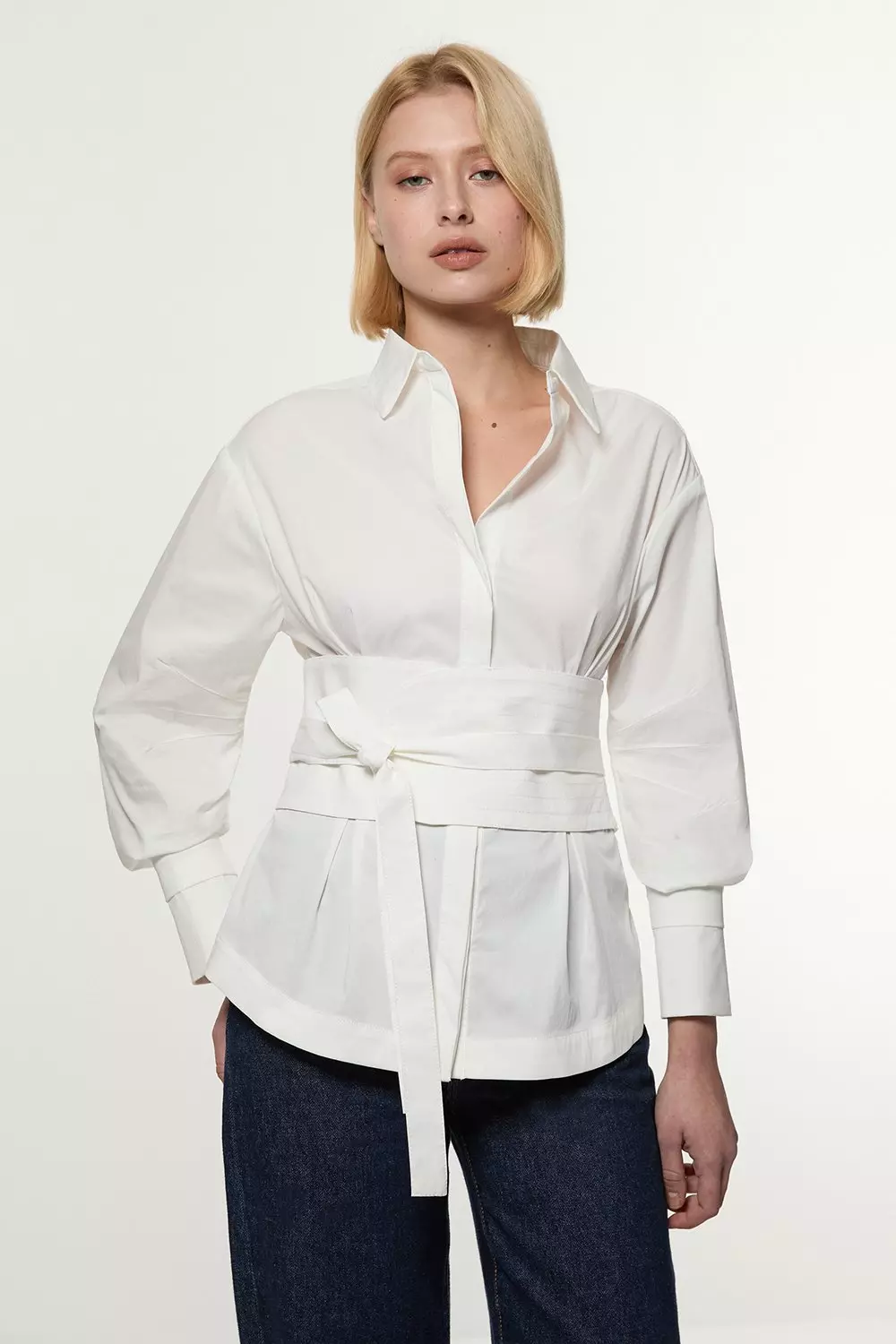White Topstitch Waist Tie Woven Cotton Shirt alternative image