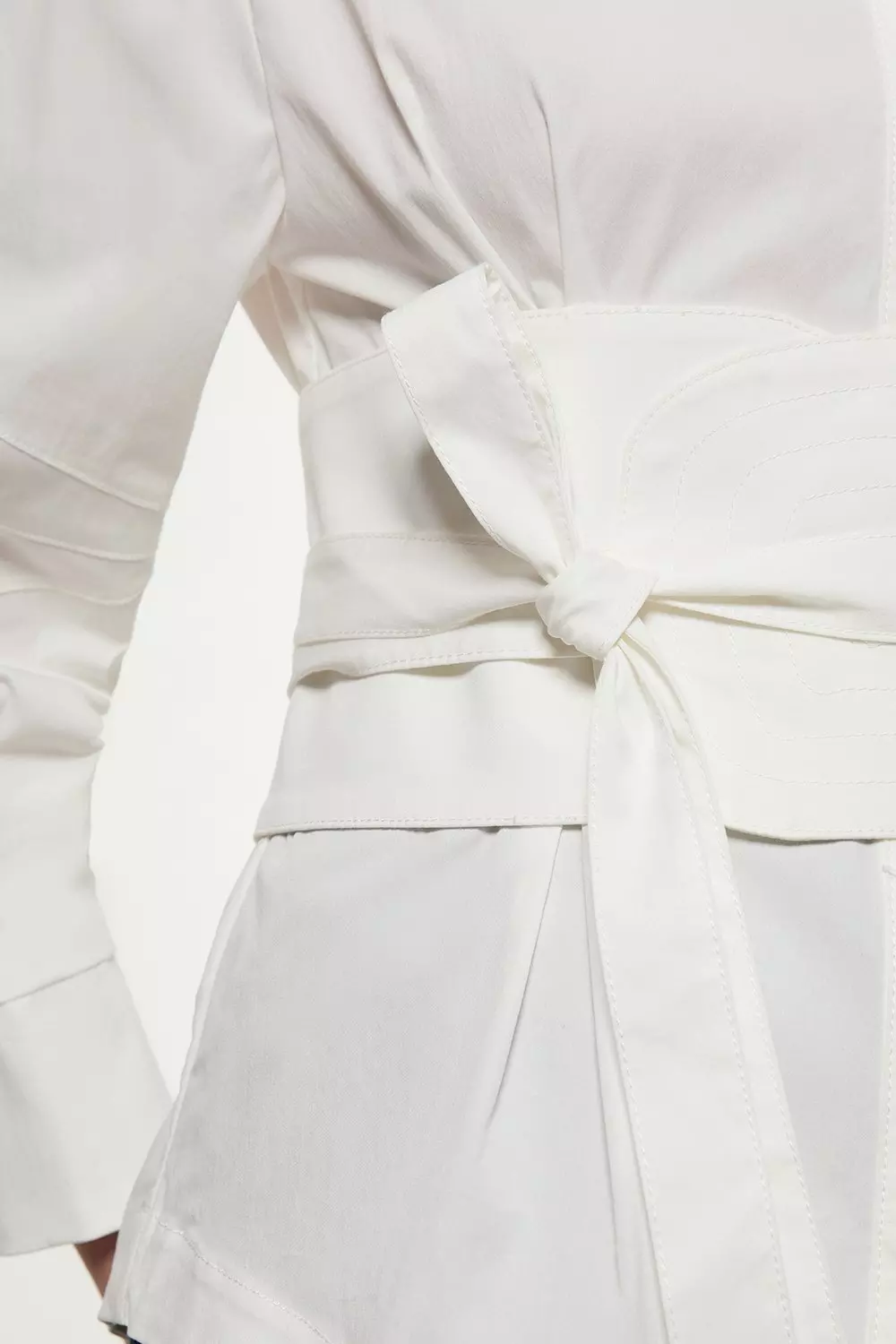 White Topstitch Waist Tie Woven Cotton Shirt alternative image