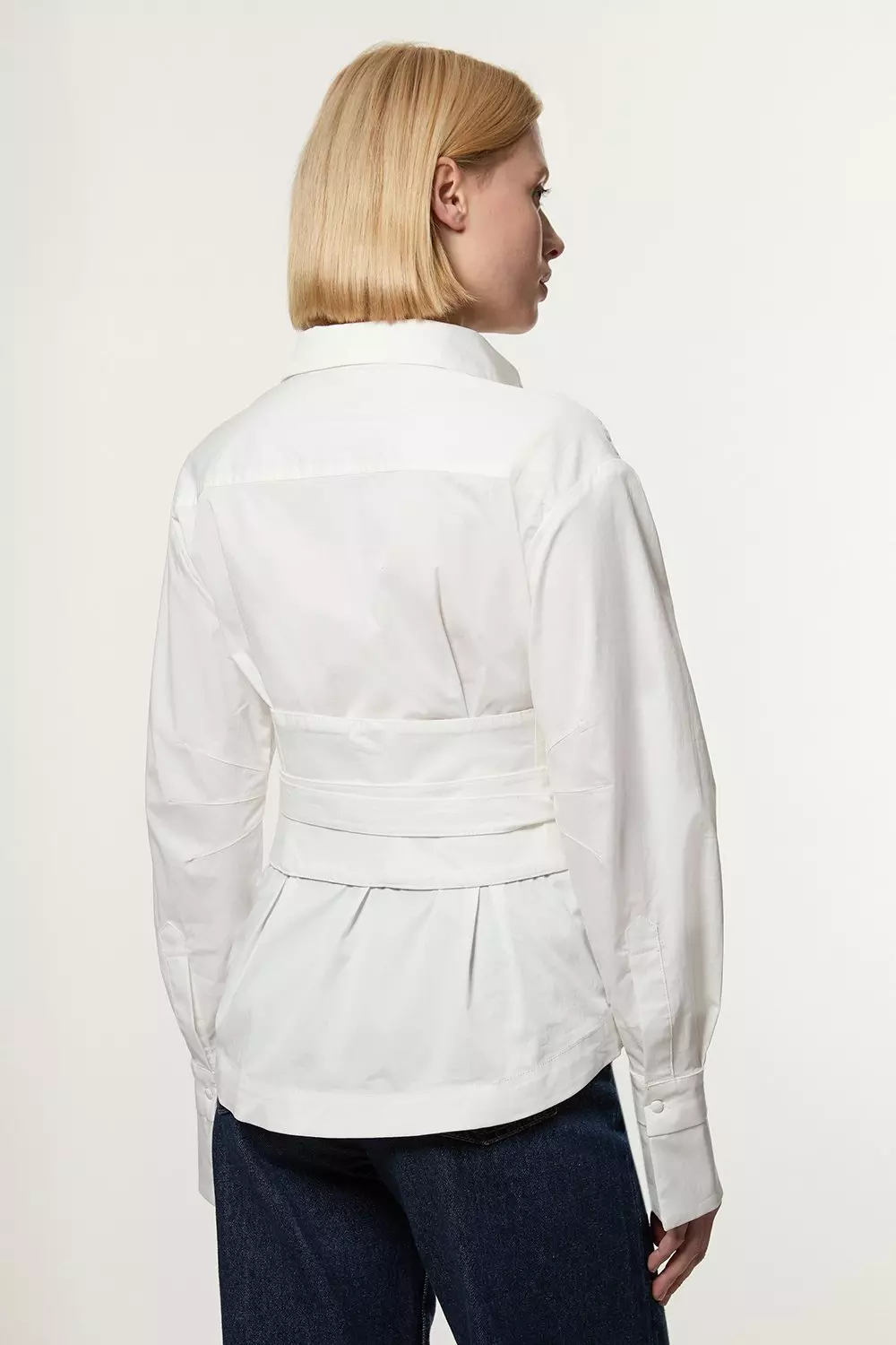 White Topstitch Waist Tie Woven Cotton Shirt alternative image