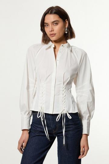 White Lace Up Detail Balloon Sleeve Shirt