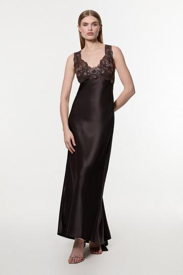 Satin Guipure Lace Woven Maxi Slip Dress chocolate