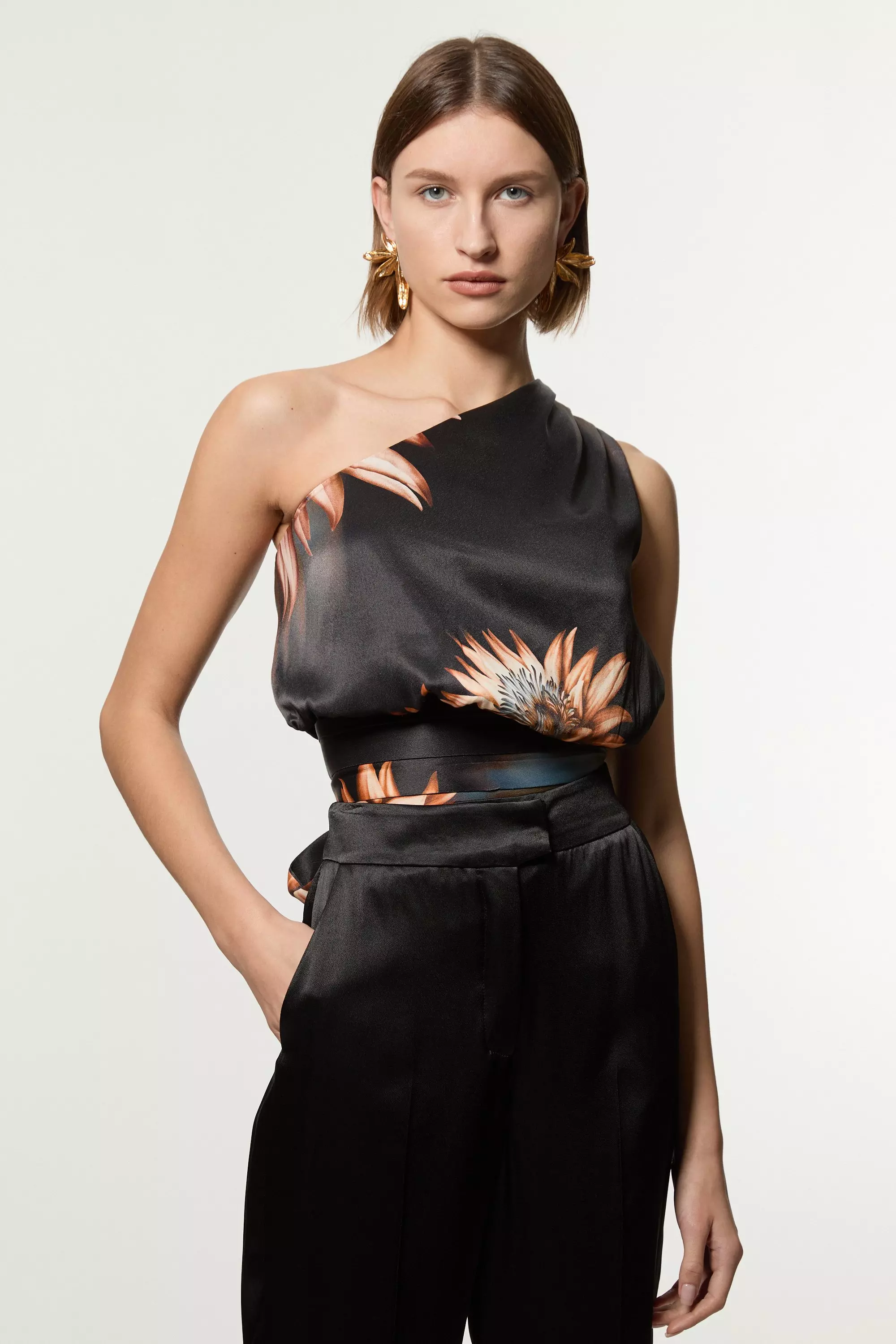 Viscose Satin Tie Waist One Shoulder Blouse Karen Millen