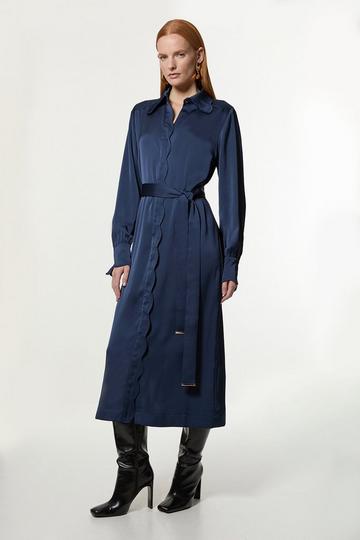 Western Style Woven Midi Shirt Dress navy