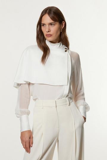 Military Sheer Satin Cape Detail Woven Top ivory