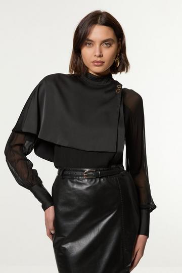 Tall Military Sheer Satin Cape Detail Woven Top black