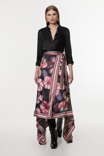 Petite Floral Border Print Woven Wrap Midi Skirt black