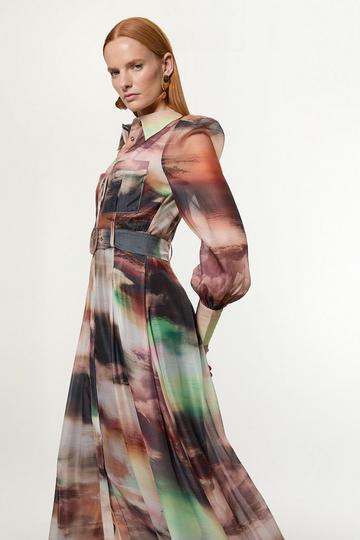 Marbled Organdie Belted Woven Midi Dress multi