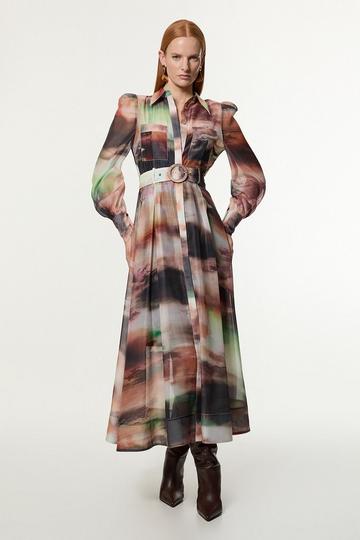 Petite Marbled Organdie Belted Woven Midi Dress multi