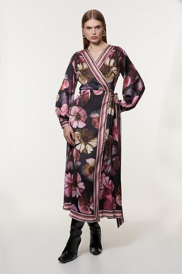 Black Floral Border Print Woven Maxi Wrap Dress