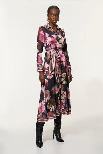 Black Floral Border Print Woven Belted Midaxi Dress