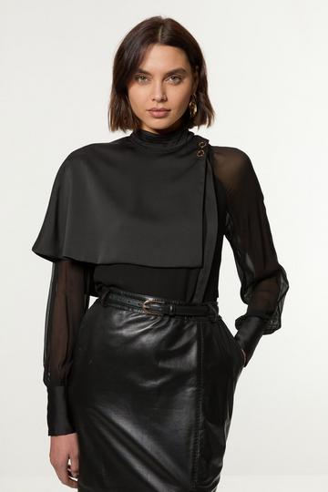 Military Sheer Satin Cape Detail Woven Top black