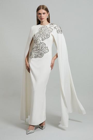 Petite Placed Floral Crystal Embellished Tailored Drama Cape Maxi Dress ivory