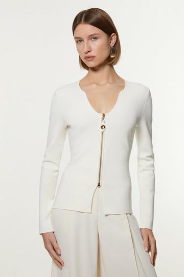 Cream White Zip Up Full Needle Knitted Top