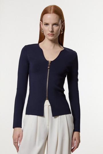 Zip Up Full Needle Knitted Top navy