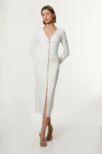 Cream White Zip Up Full Needle Knitted Dress