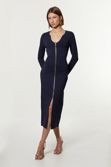 Zip Up Full Needle Knitted Dress navy