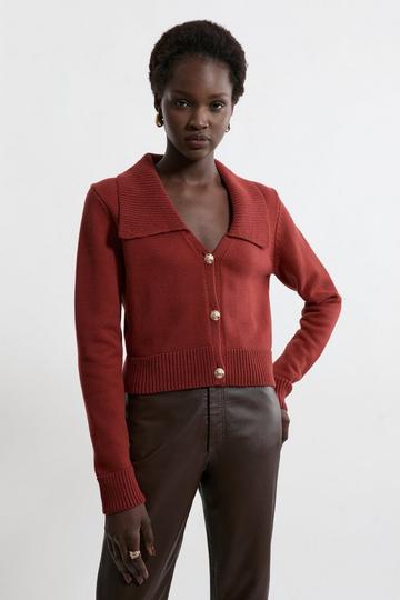 Knitted V Neck Collared Cardigan tan