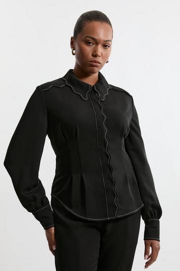 Black Plus Size Scallop Trim Woven Crepe Blouse