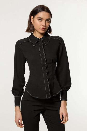 Black Scallop Trim Woven Crepe Blouse