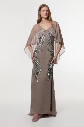 Feather Embellished Woven Cape Sleeve Maxi Dress taupe