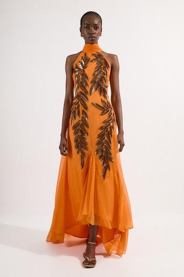 Petite Halter Neck Feather Sequin Detail Woven Maxi Dress orange