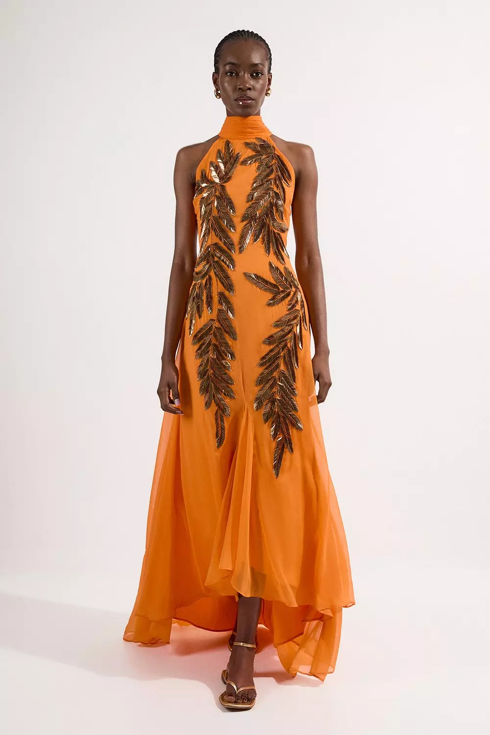 Orange Petite Halter Neck Feather Sequin Detail Woven Maxi Dress alternative image