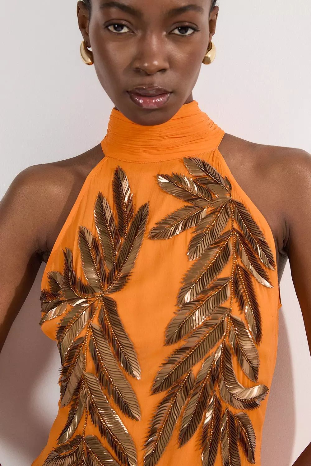 Orange Petite Halter Neck Feather Sequin Detail Woven Maxi Dress alternative image