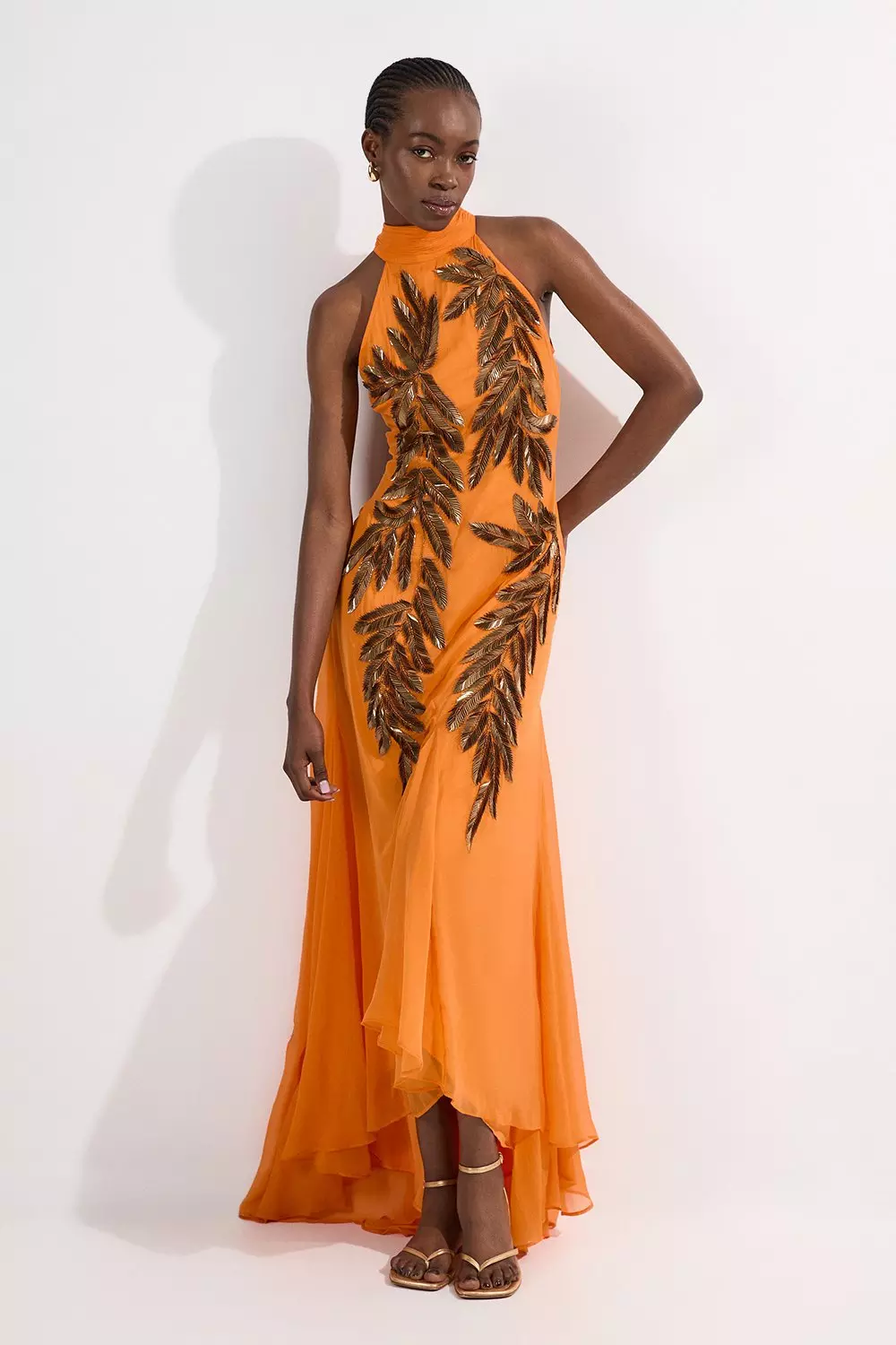 Orange Petite Halter Neck Feather Sequin Detail Woven Maxi Dress alternative image