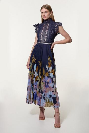 Lace Trailing Floral Ombre Woven Maxi Dress navy