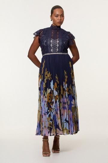 Plus Size Lace Trailing Floral Ombre Woven Maxi Dress navy