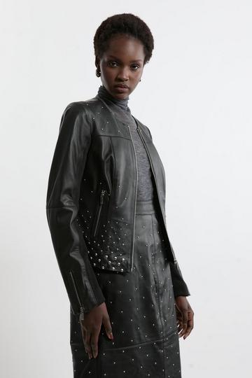 Studded Leather Collarless Biker Jacket