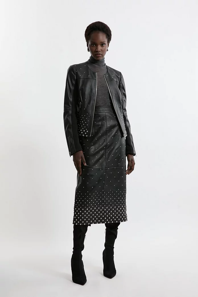Studded Leather Collarless Moto Jacket | Karen Millen Studded Leather Collarless Moto Jacket | Karen Millen