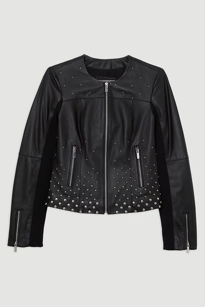 Studded Leather Collarless Moto Jacket | Karen Millen Studded Leather Collarless Moto Jacket | Karen Millen