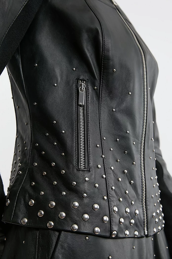 Studded Leather Collarless Moto Jacket | Karen Millen Studded Leather Collarless Moto Jacket | Karen Millen