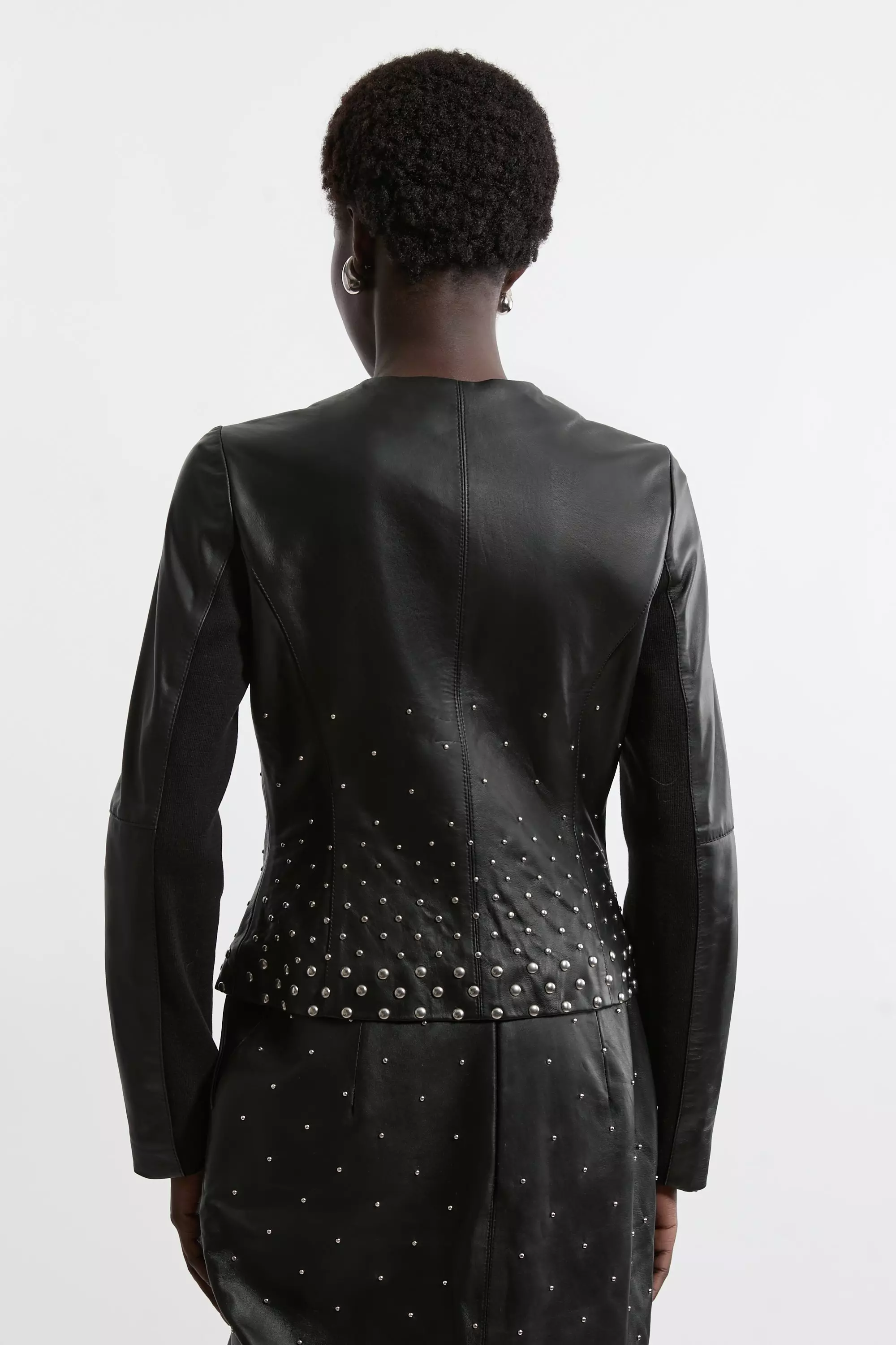 Studded Leather Collarless Biker Jacket | Karen Millen