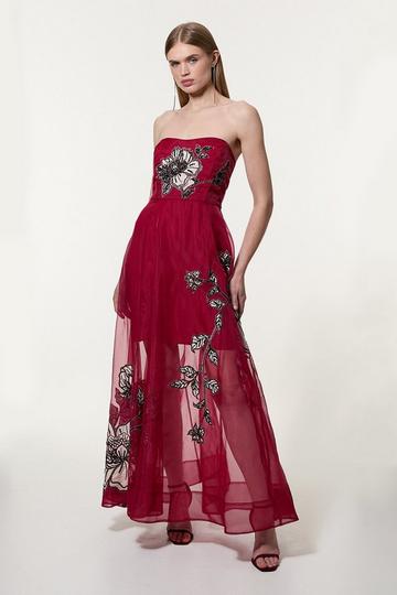 Red Floral Applique Organdie Woven Bandeau Maxi Dress