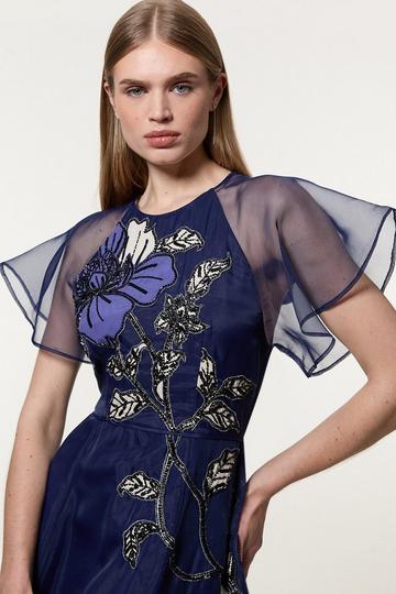 Short Sleeve Floral Applique Organdie Woven Maxi Dress blue