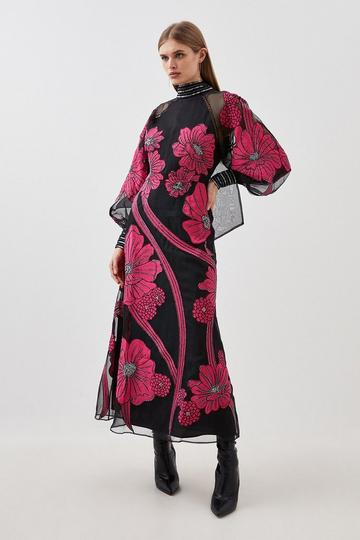 Applique Organdie Floral Graphic Maxi Dress black