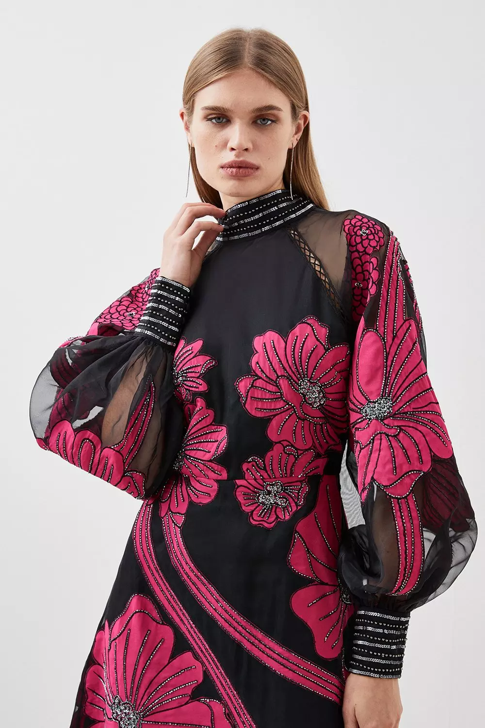 【KAREN MILLEN】Petite Floral Applique Organdie Woven Maxi Plus Size Floral Applique Crystal Embellished Woven Maxi