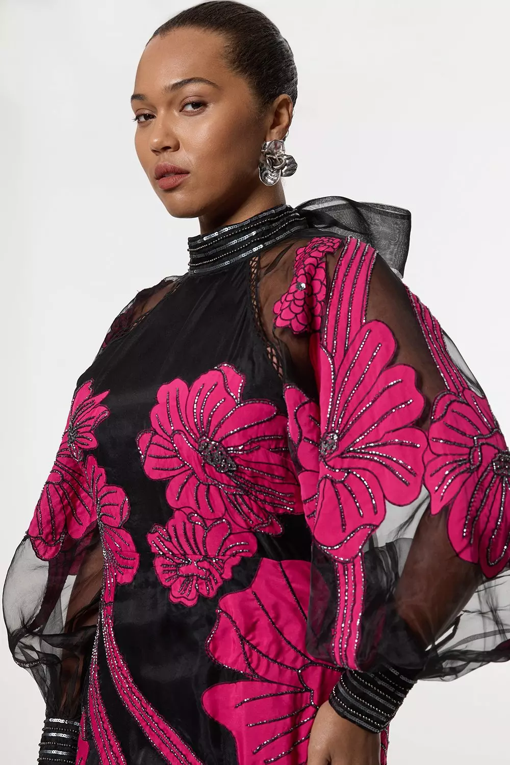 Plus Size Applique Organdie Floral Graphic Maxi Dress