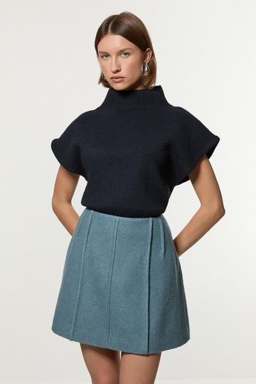 Blue Textured Wool Blend Darted Tailored Midi Skirt