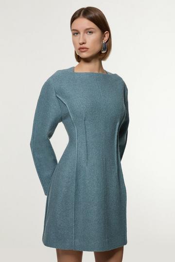 Textured Wool Blend Darted Tailored Mini Dress pale blue